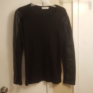 Black long sleeve sweater with leather sleeves